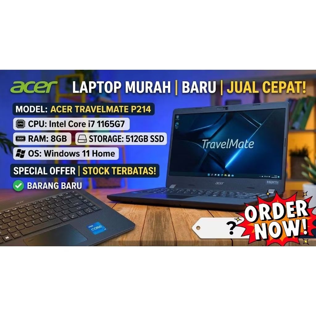 LAPTOP MURAH ACER TRAVELMATE P214 Core i7 1165G7 RAM 8GB HARDISK 512GB SSD Windows 11 Jual Cepat Bar