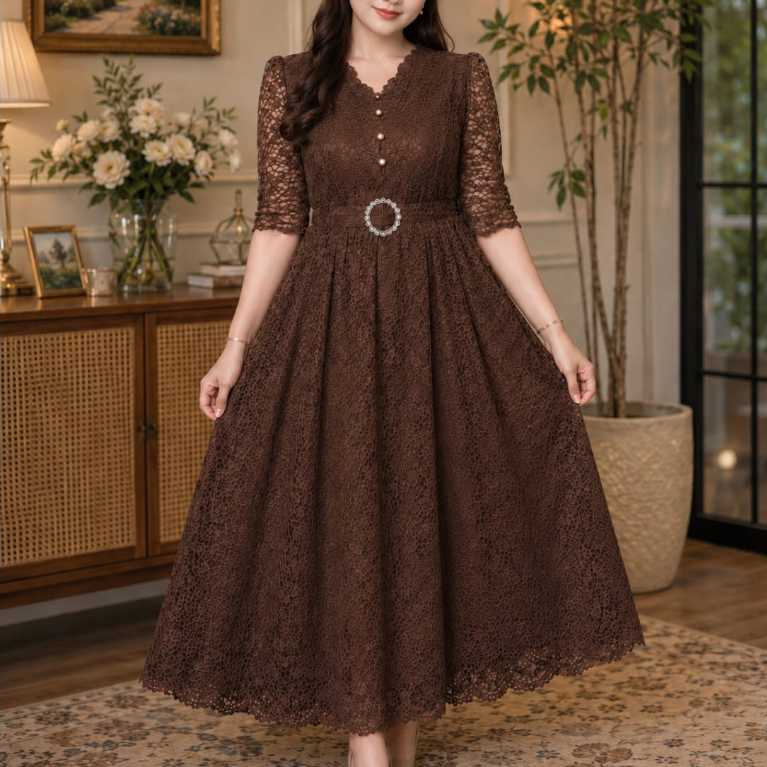 Dress brokat wanita premium model midi elegan dress pesta kondangan formal korean style Kirana dress