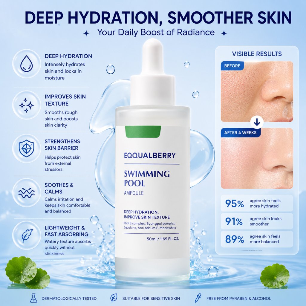 EQQUALBERRY Swimming Pool Ampoule 50ml Hydrating Serum Moisturizing Brightening Skin Care