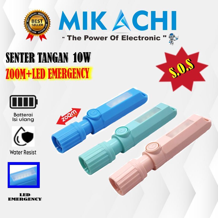 Senter Tangan Zoom In Out dan Lampu Emergency Samping Cahaya Terang Baterai Cas Ulang  (Bonus lampu 