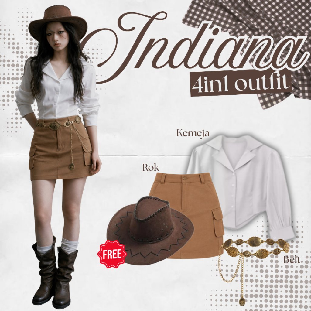 Indiana 4in1 One Set Outfit Yearbook Cowboy Indiana Jones (Kemeja Crop, Belt, Rok Cargo, Topi) DRL17