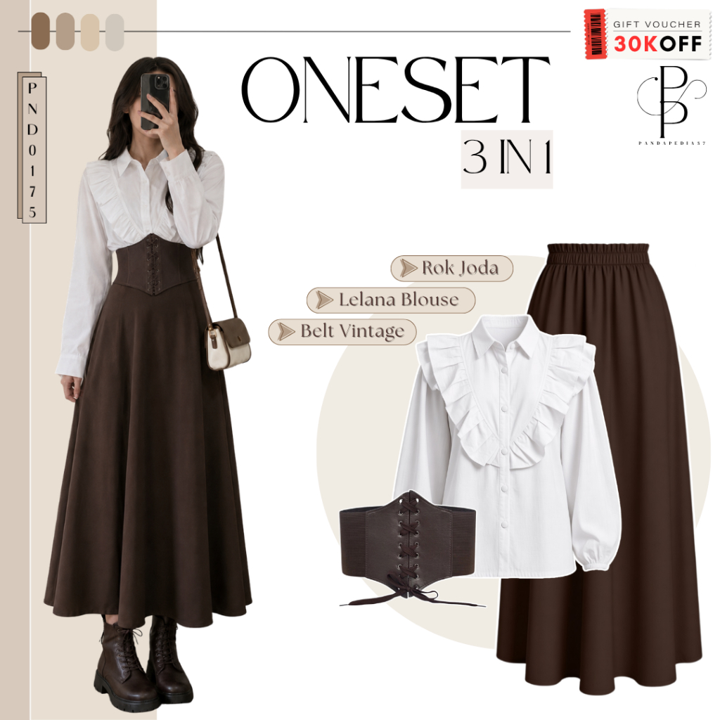 3 IN 1 Outfit Remaja Yearbook Narnia [ Blouse Ruffle + Belt Vintage + Rok Joda ] OOTD Yearbook Trend