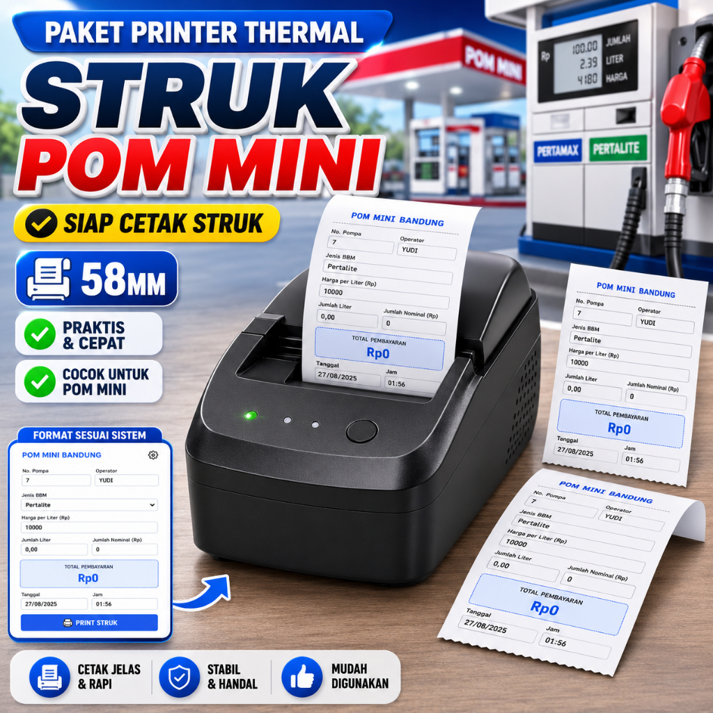 PAKET PRINTER BLUETOOTH STRUK POM MINI | Printer Cetak Struk BBM | Printer Kasir Mini Siap Cetak