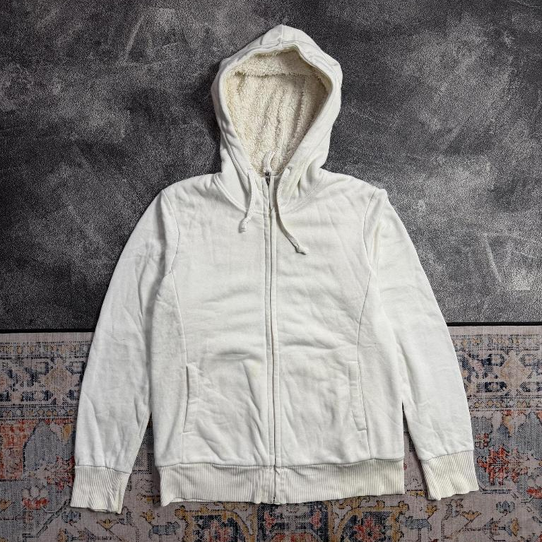 Hoodie Uniqlo Sherpa L Jaket Zipper Putih
