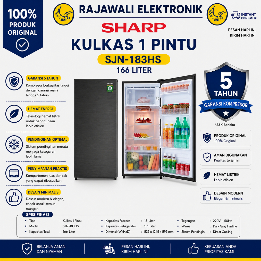 KULKAS SHARP 1 PINTU SJN183 N HS NEW KIREI 1 PINTU 166 LITER LOW WATT