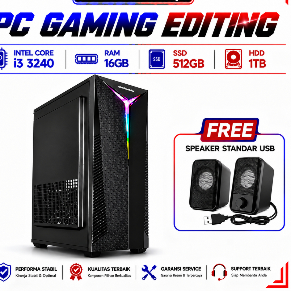 PC Rakitan Intel Core i3 3240 RAM 16GB SSD 512GB HDD 1TB Siap Pakai