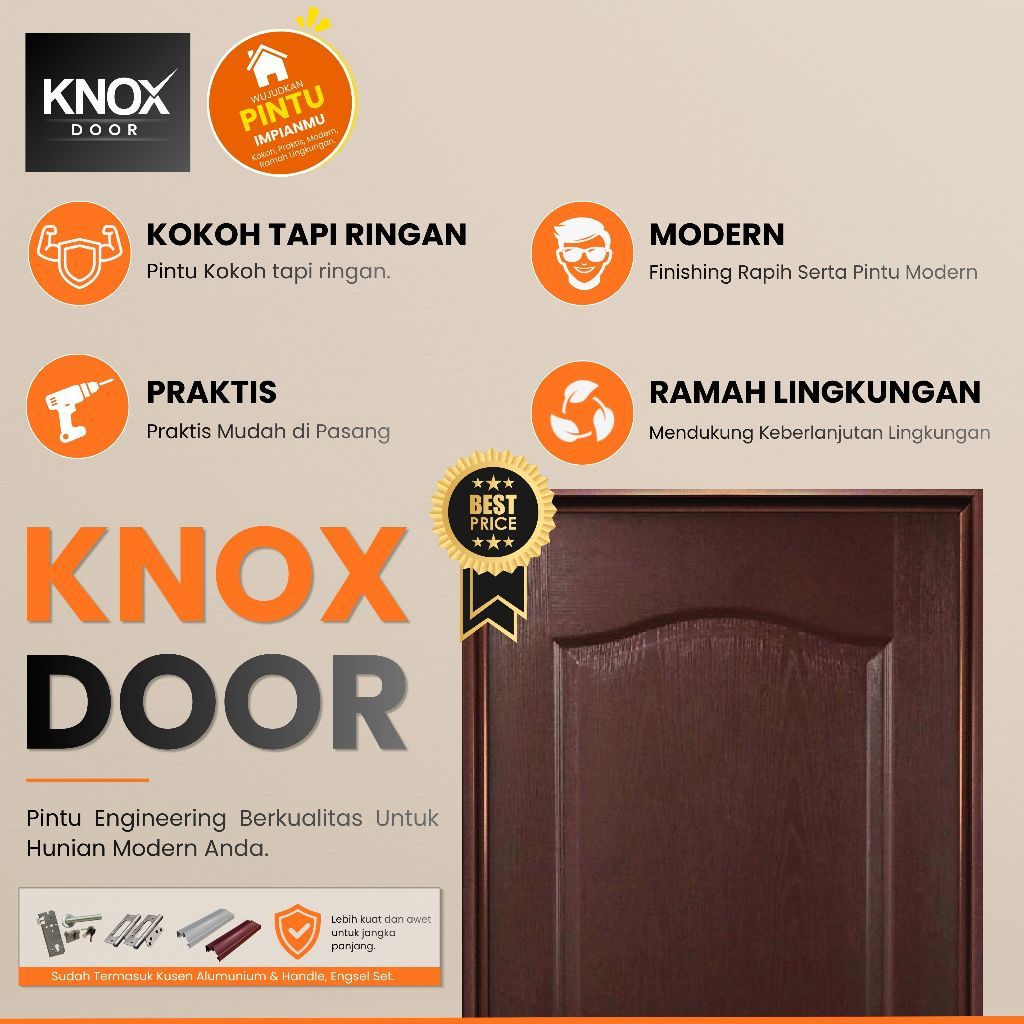PINTU KNOX HDF SERIES MILANO BROWN FULL SET l 36x820x2100mm l KUSEN ALUMUNIUM