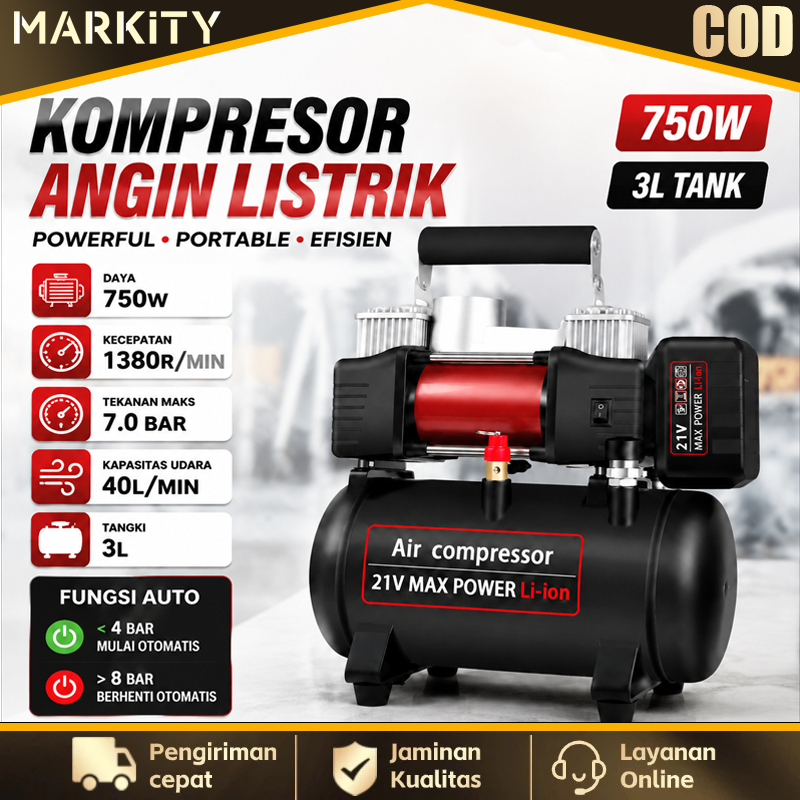 MARKITY Kompresor Angin Listrik 40L/MIN Oiless Listrik Udara Pompa Angin 750W Kompresor Mini Listrik