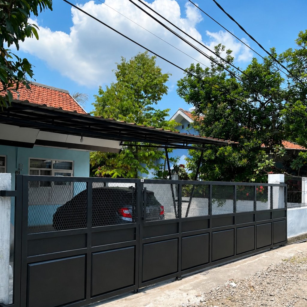 pagar rumah bukaan lipat bahan plat esser dan expanda warna hitam