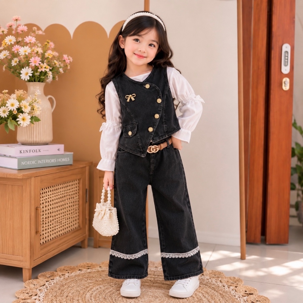 Setelan 3in1 Rompi Lepas Jeans Lengan Panjang Celana Skena Anak Perempuan Fashion Import Terbaru
