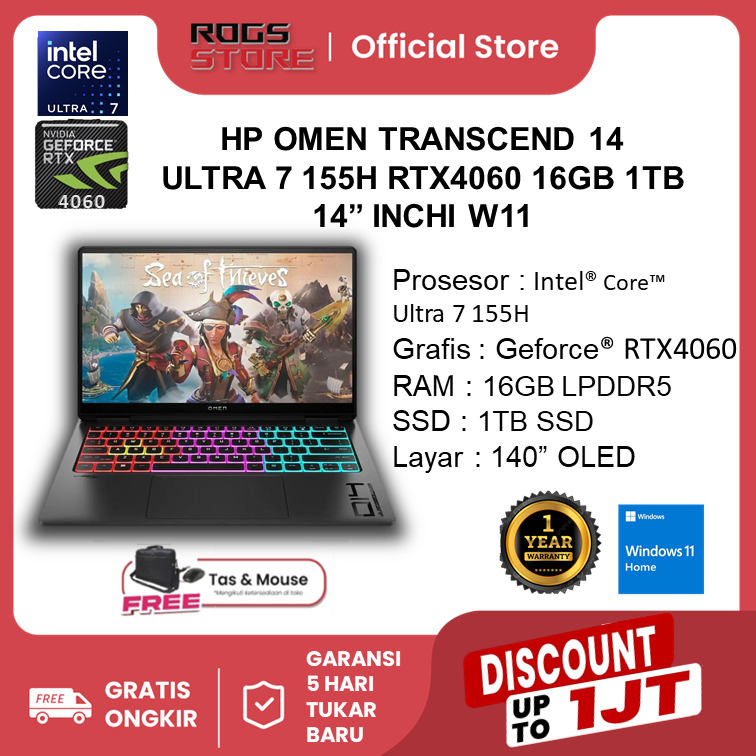HP OMEN TRANSCEND 14 OLED RTX4060 - ULTRA 7 155H  16GB 1TB W11 14.0 2.8K 120HZ
