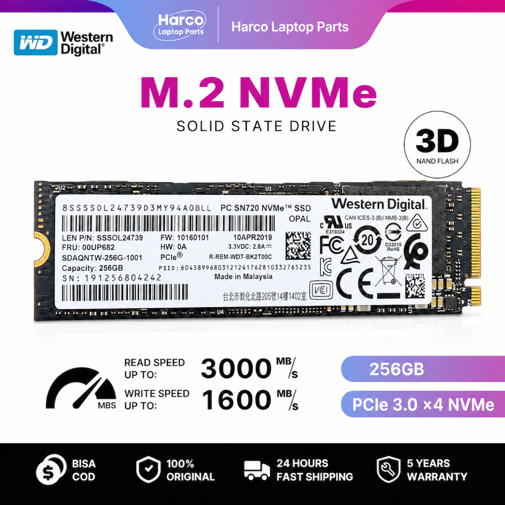 SSD NVMe M.2280 WD-SN720 256GB 3000MB/s 3D NAND TLC Garansi untuk Laptop PC
