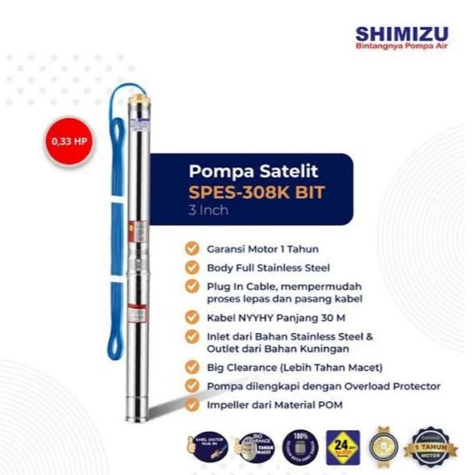 submersible pump shimizu spes-308 bit 0,33hp 3" + kabel pompa satelit