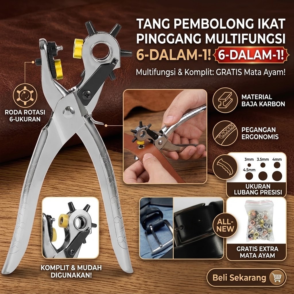 Tang Pembolong Ikat Pinggang 6 in 1 Heavy Duty / Alat Pelubang Sabuk Gesper Tali Jam Kulit Kertas / 