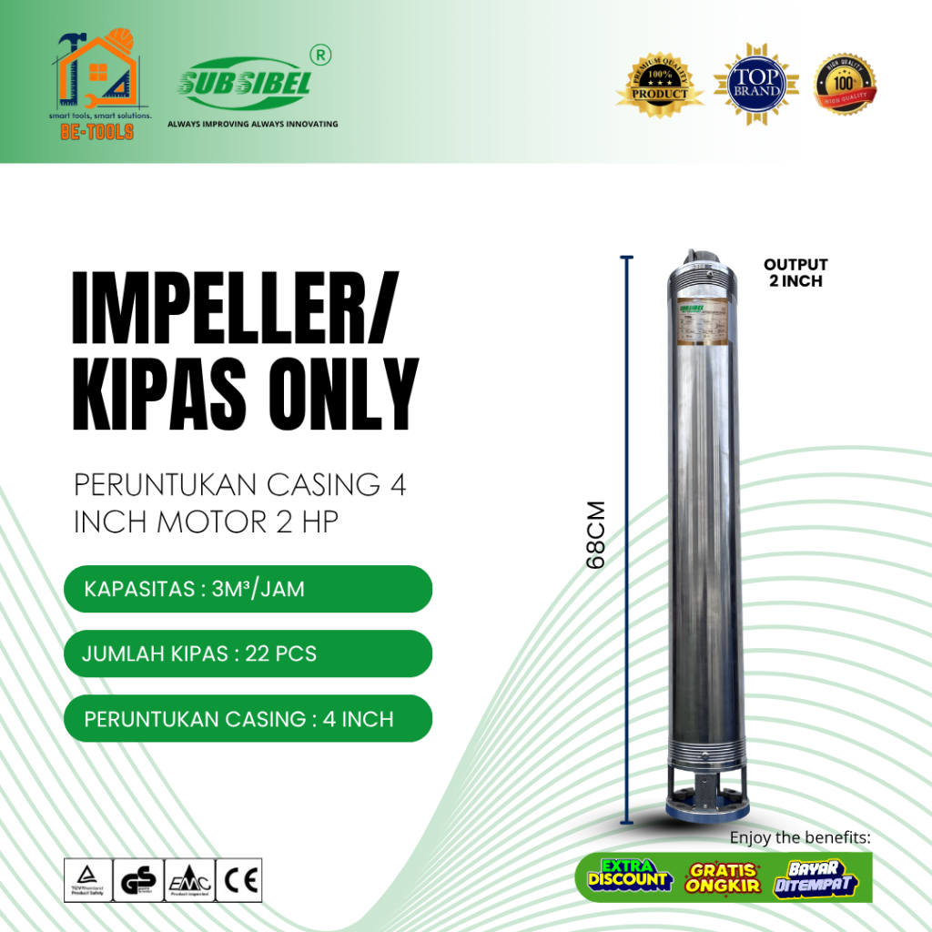 Kipas / Impeller Pompa Air Submersible 4 Inch 3/22 2HP  | Output 1.2 Inch | 3M³/Jam