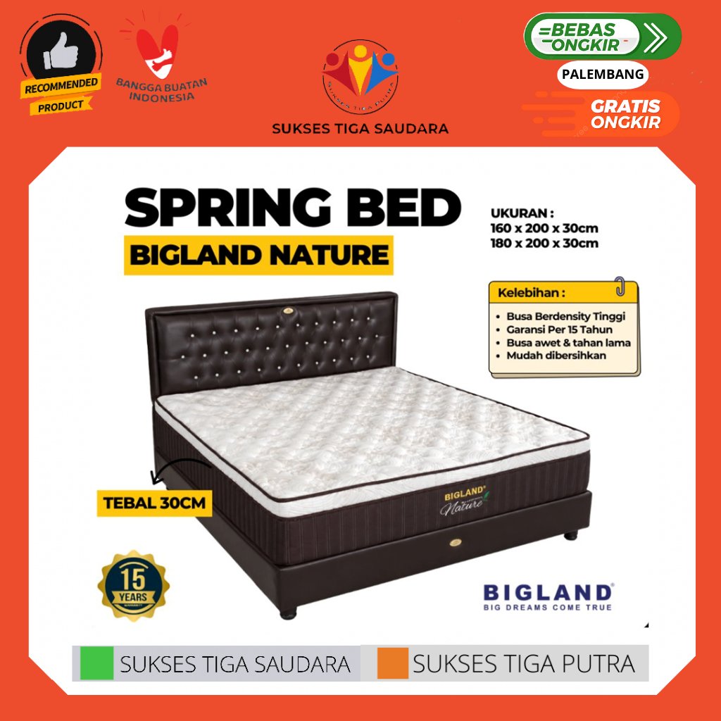KASUR TEMPAT TIDUR MATRAS DIVAN SPRING BED BIGLAND NATURE PLUSH TOP TEBAL 30CM / AWET BERGARANSI NAP