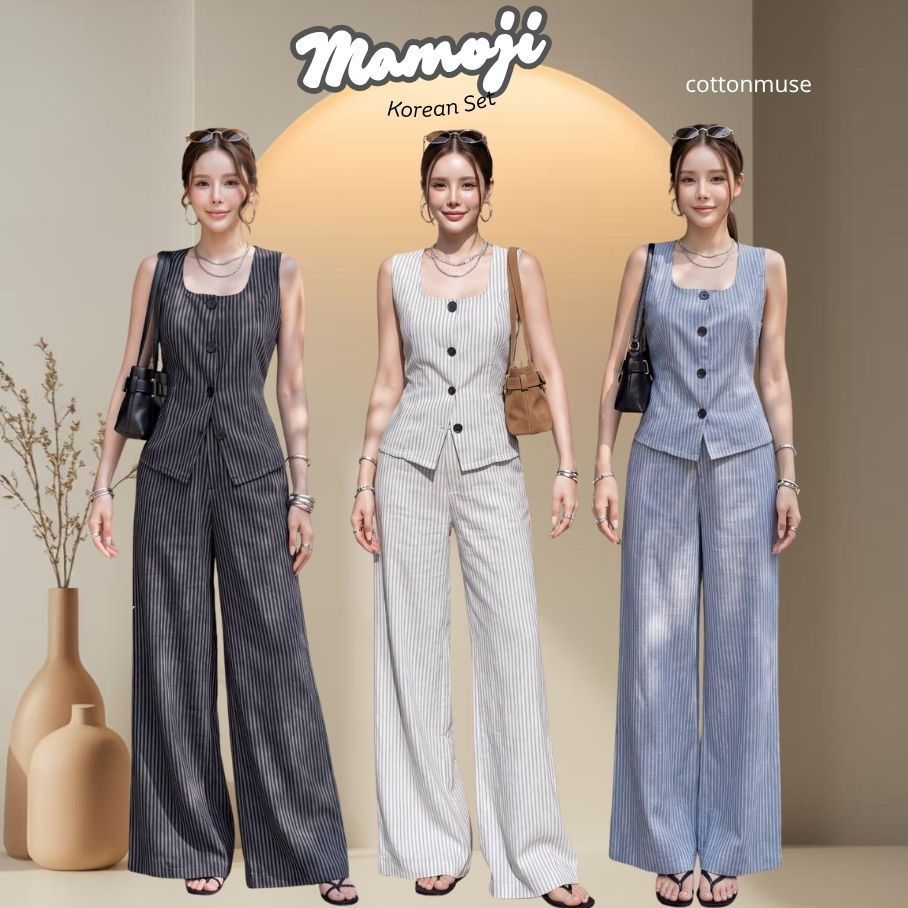 Set Mamoji Linen Stripe One Set Cottara Cotton Candy Long Pants Korean Style Import bangkok