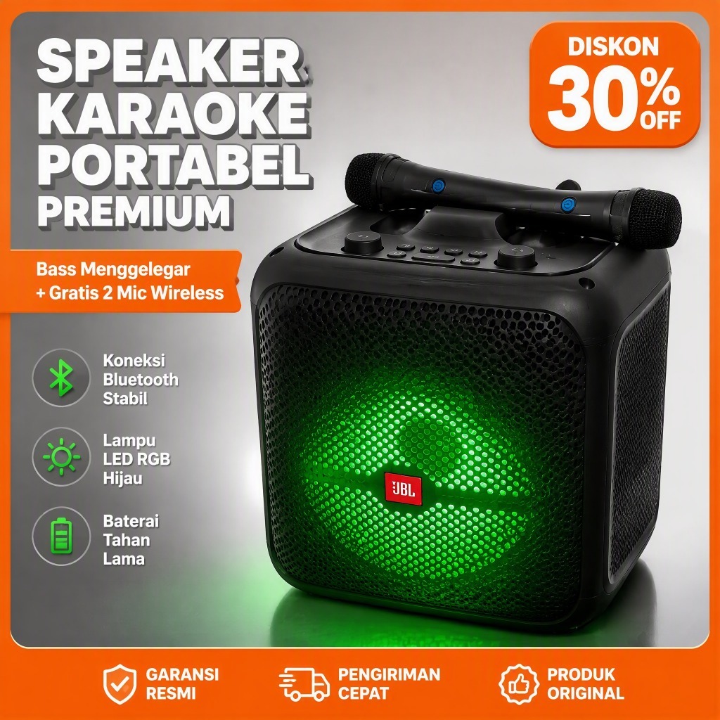 JBL KTS 2308 Speaker Karaoke Portable JBL dengan Mic Wireless Bluetooth LED RGB Hijau