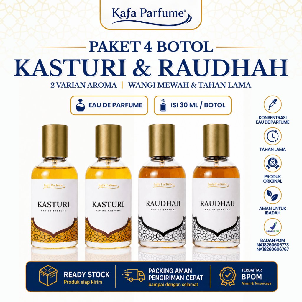 Kafa Parfume Parfum Raudhah Madinah Paket 4 Botol Non Alkohol | Mix Kasturi, Kiswah, Hajar Aswad | Wangi Floral Lembut untuk Sholat