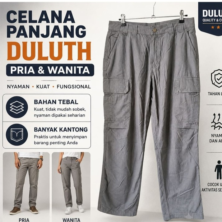 Celana Panjang Pria Wanita Cargo Duluth Outdoor Warna Abu | Celana Panjang Pria Cargo Kantong Bawah