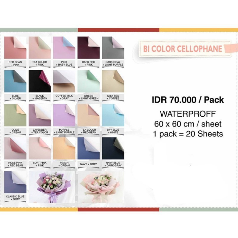 FLOWER WRAPPING BI COLOR CELLOPHANE 60x60CM WATERPROOF KERTAS BUNGA  (ECER 5 LEMBAR BISA MIX)
