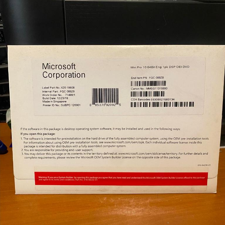 Microsoft Windows 10 Pro 64-bit English 1 PK DSP OEI DVD Original OEM