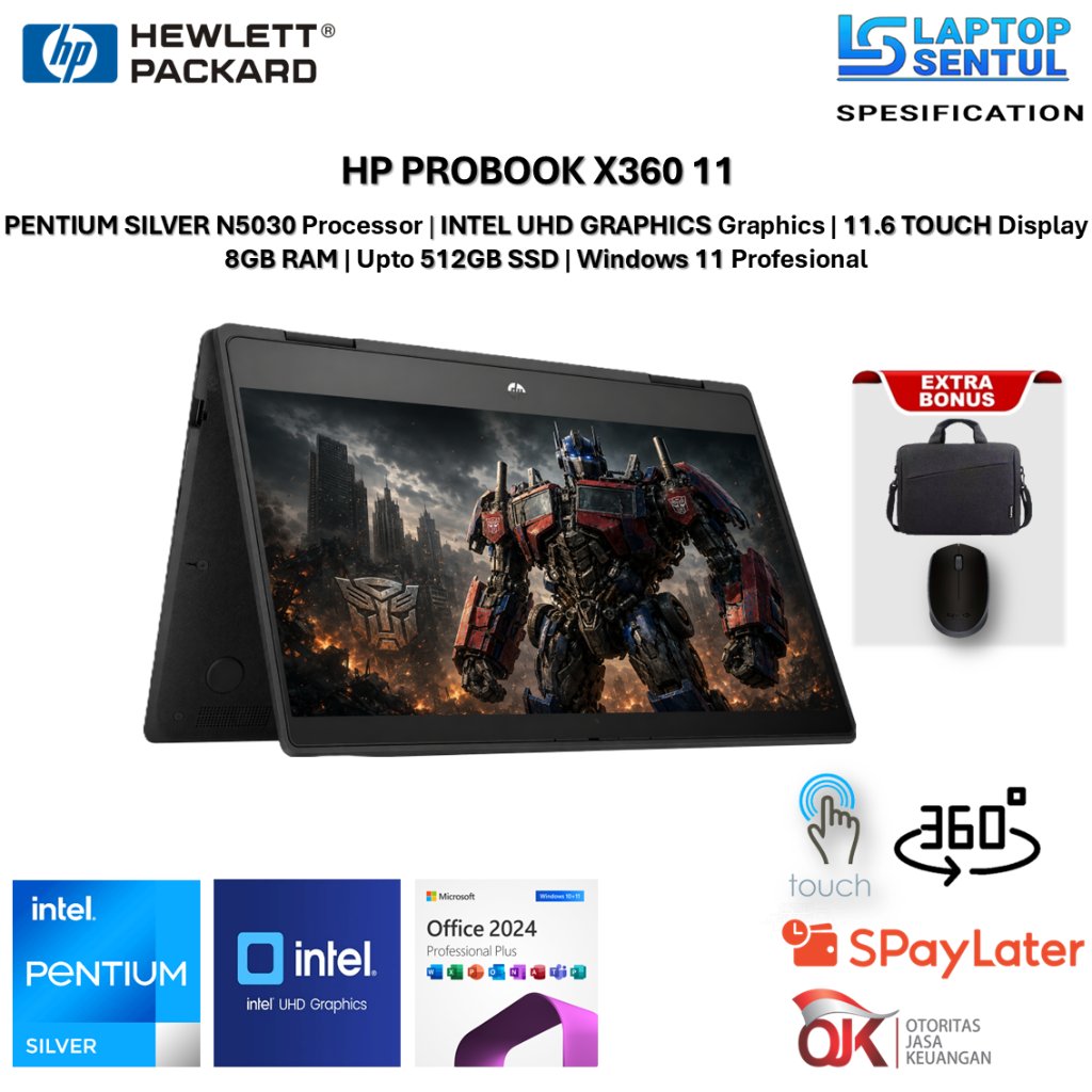 Laptop Murah HP PROBOOK X360 11 PENTIUM SILVER N5030 RAM 8GB SSD 512GB Windows 11