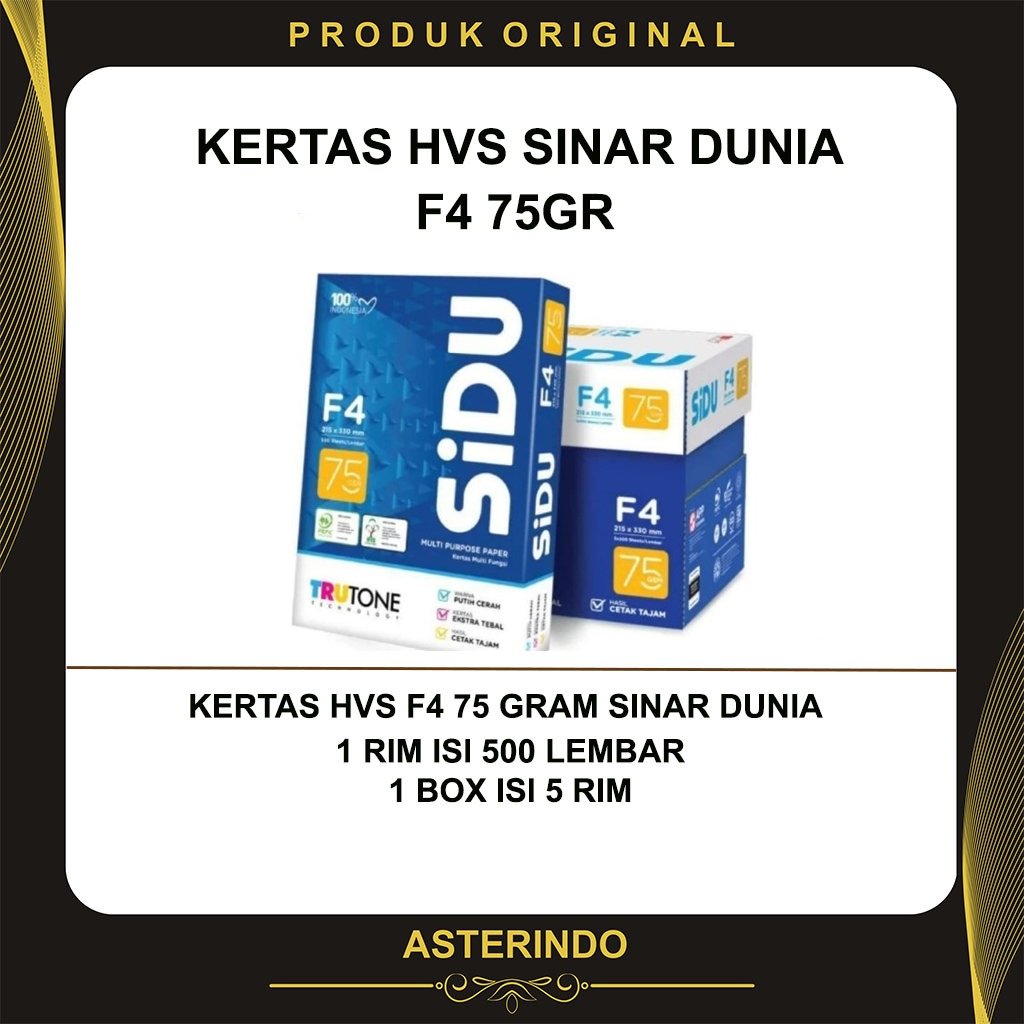 Kertas HVS F4 Sinar Dunia 75 Gram Kertas SIDU Print Foto Copy 1 Box 5 Rim 75gr