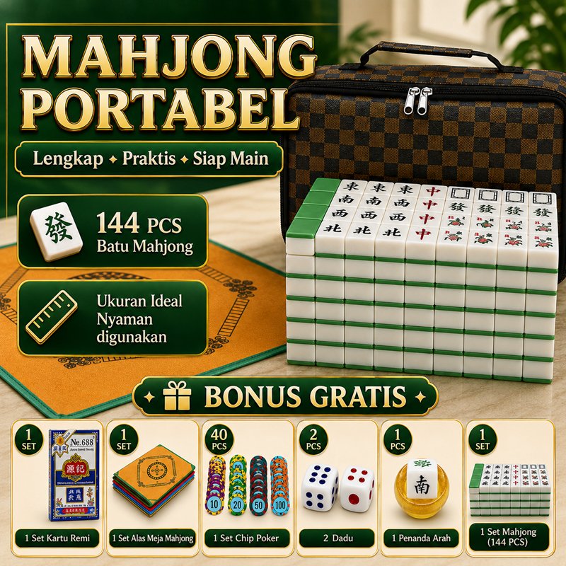 Mahjong Portabel 144pcs Full Set Bonus Lengkap + Alas Meja + Kartu Remi + Chip Poker Mainan Mahjong 