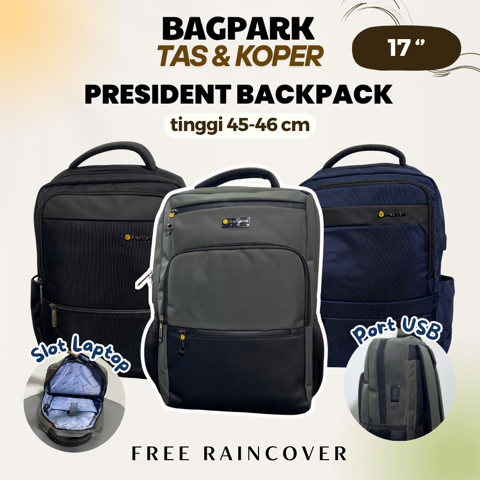 Tas Ransel Pria President Backpack Laptop Port USB Rain Cover Tas Travel Waterprooft Ransel Kerja Fr