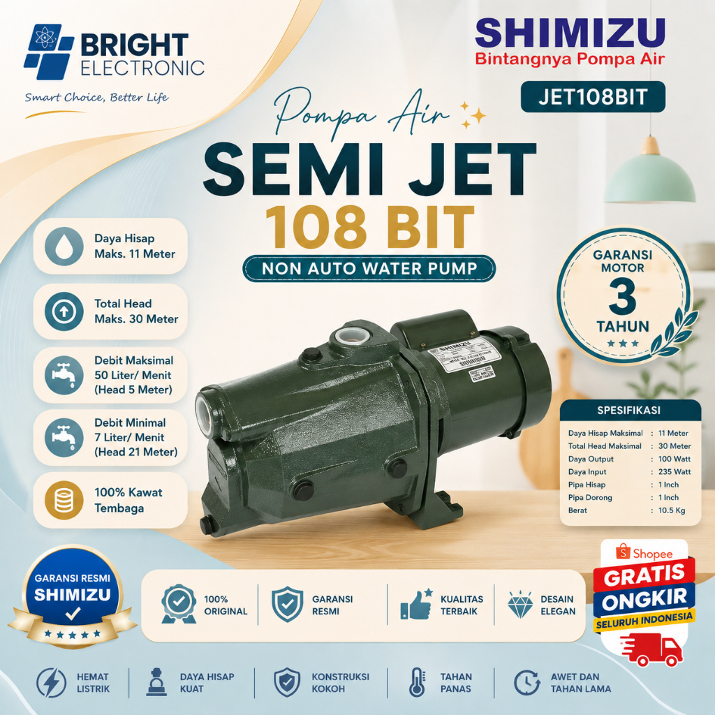 Shimizu JET-108 BIT JET108BIT Water Pump Pompa Air Jet Pump Sumur Dalam Pompa Air Water Pump Pompa A