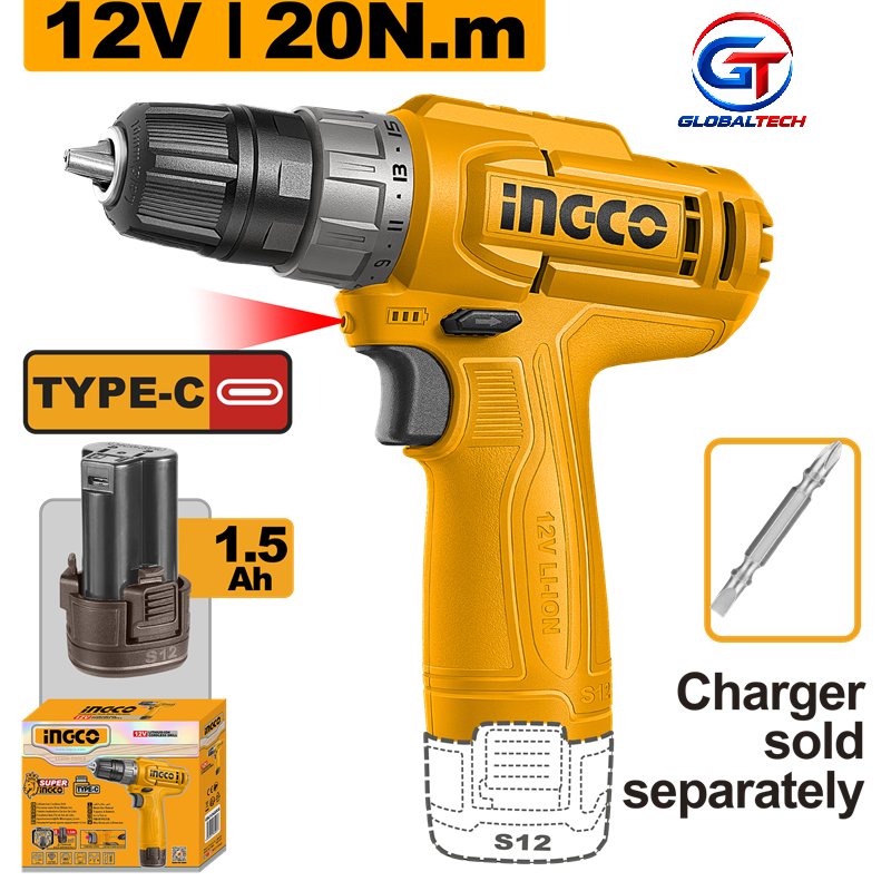 INGCO CDLI12456 CORDLESS DRILL 12V 20NM MESIN BOR BATERAI 12V