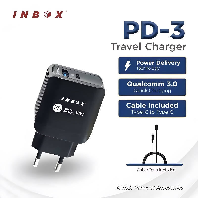 INBOX PD 3 CHARGER 18W PD+QC 3.0 DUAL USB FREE KABEL TYPE C TO TYPE C