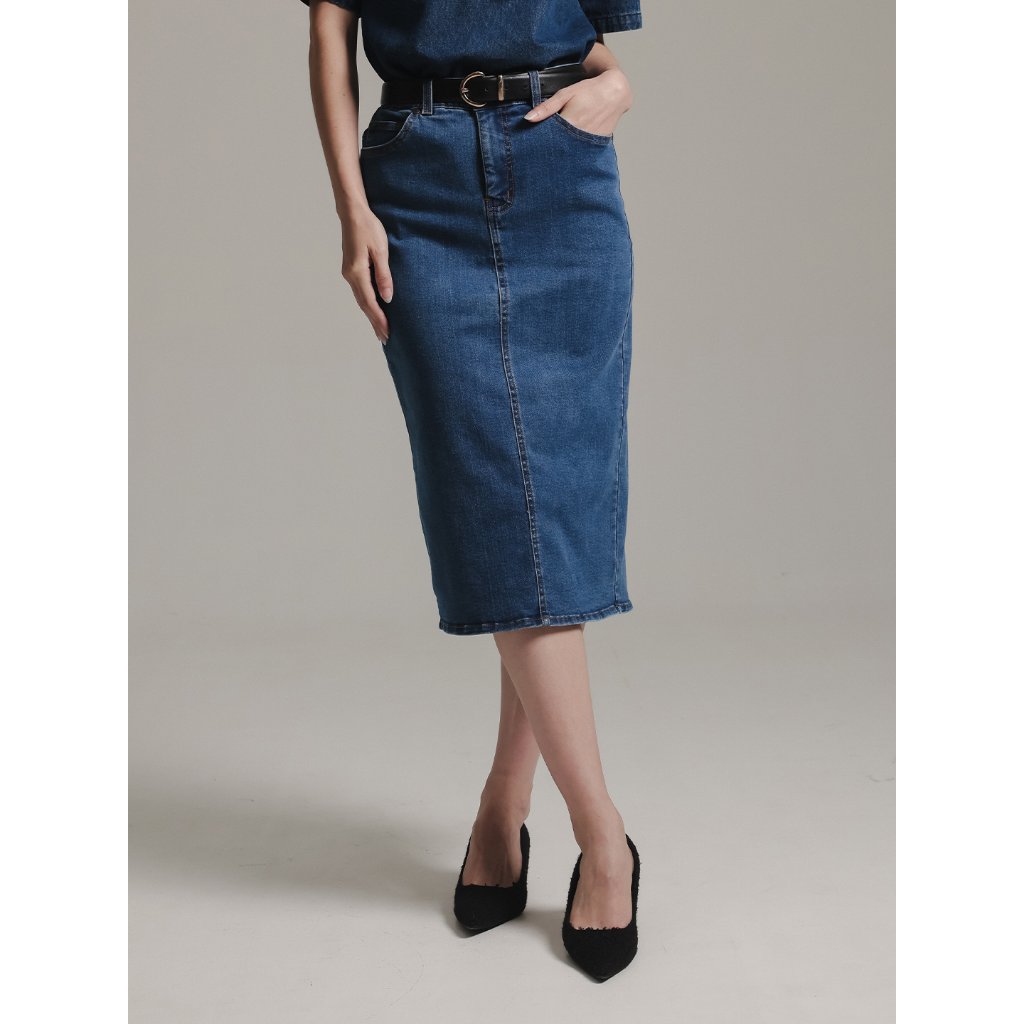 EXPAND Zevina Skirt Midi Denim | Rok Midi Denim Wanita - Warna Navy