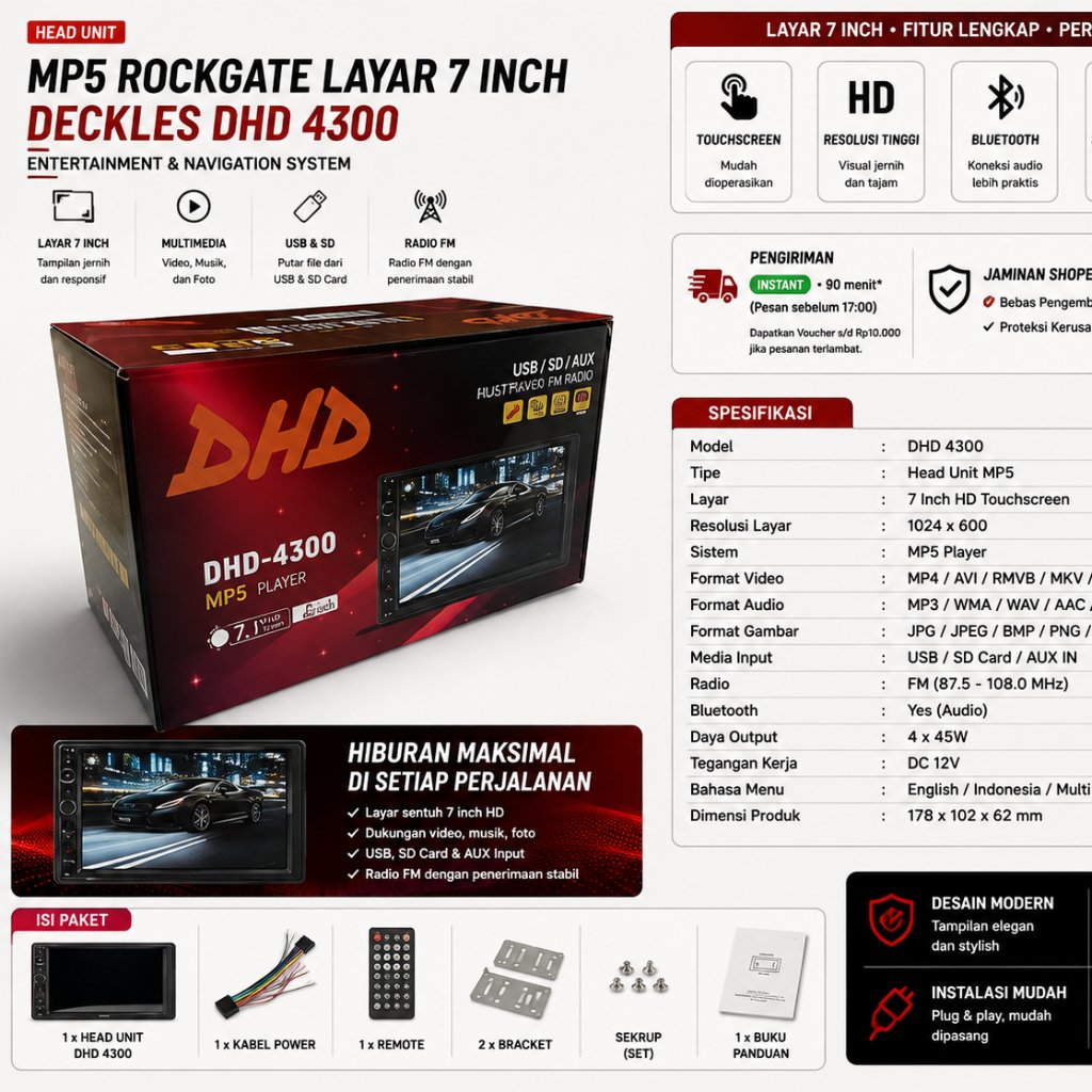 Head Unit MP5 Rockgate Layar 7 Inch Deckles DHD 4300