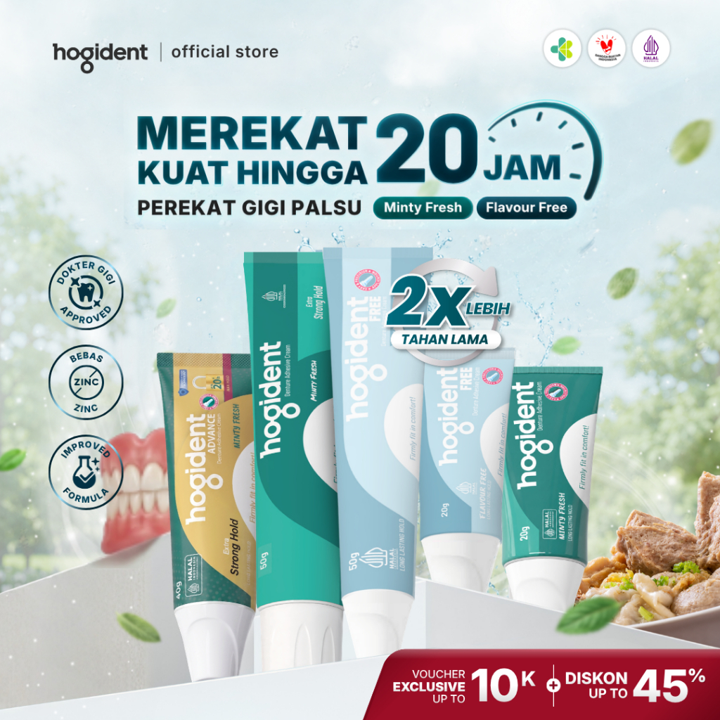 Hogident Perekat Gigi Tiruan Kuat 20 Jam Minty Fresh Flavour Free & Advance Max Hold | Mencegah Bau 