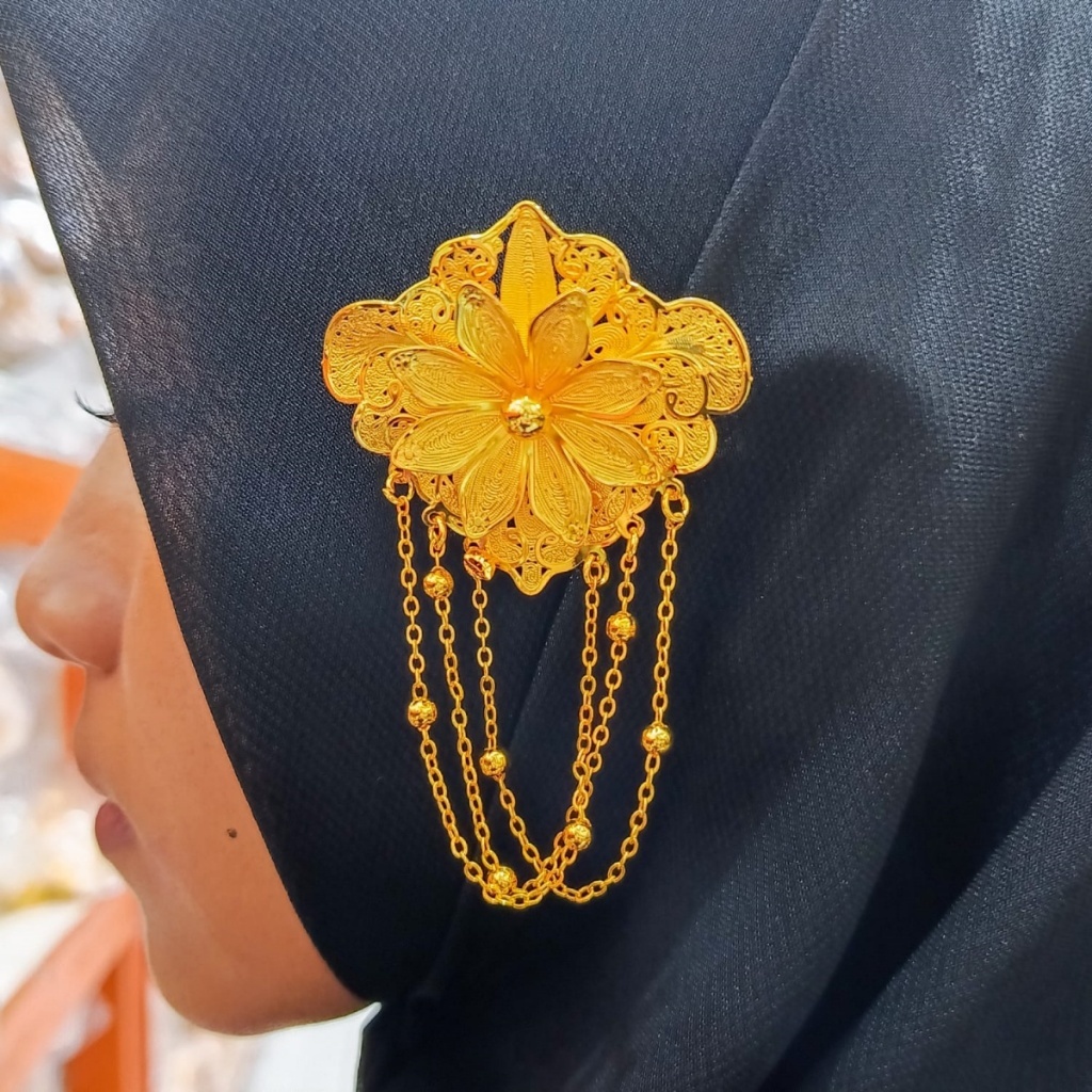Hijab Pins Bros Pin Pita Rumbai Tembaga Berlapis Emas Metal Kebaya Pesta Dubai India Elegan Mewah Ak