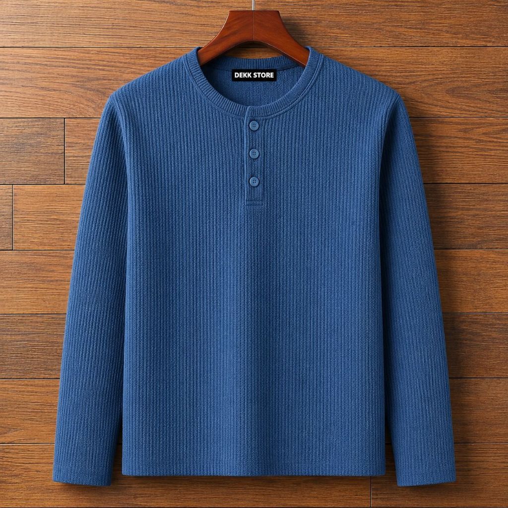 KAOS KANCING HENLEY WAFFLE KNIT LENGAN PANJANG/KAOS KANCING KNIT PRIA POLOS