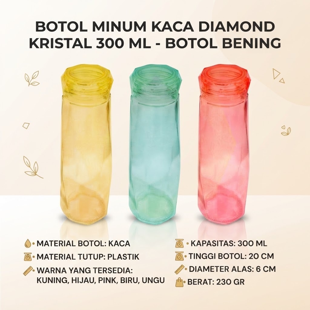 BOTOL MINUM KACA DIAMOND KRISTAL 300 ML - BOTOL BENING - Crystal Beling Tumblr - Diamond Glass Bottl