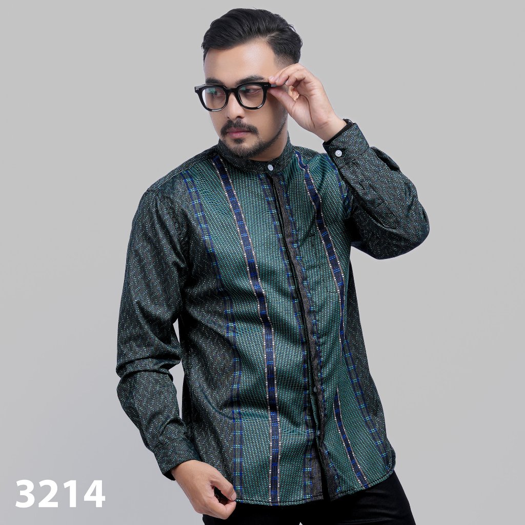 DGM Baju Koko Pria Lengan Panjang Koko Premium Pagar Zig-zag Vertical Hijau Botol Batik Pria Hijau Z