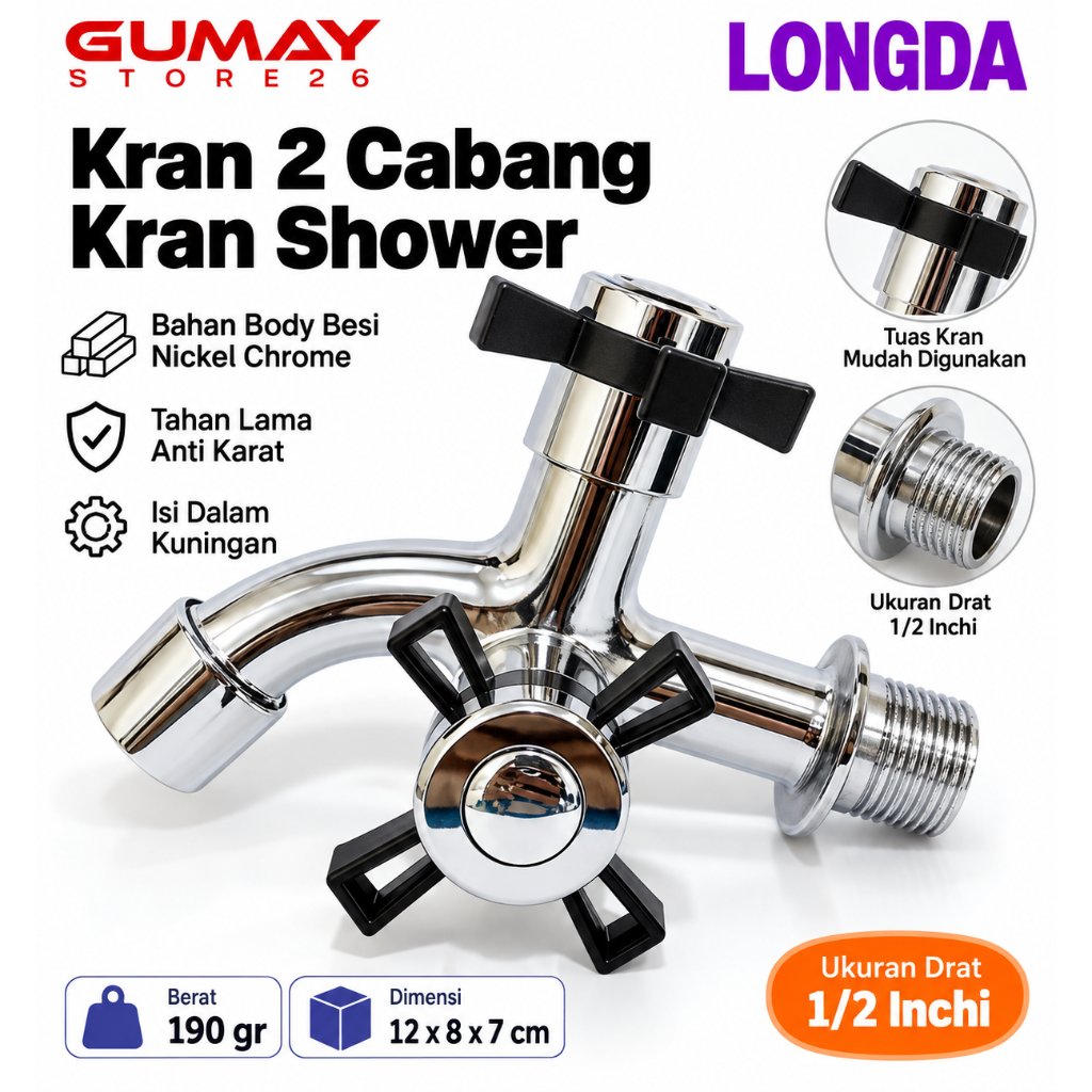 Keran Shower 2 Cabang Keran Air Double Kran Shower Merk LONGDA