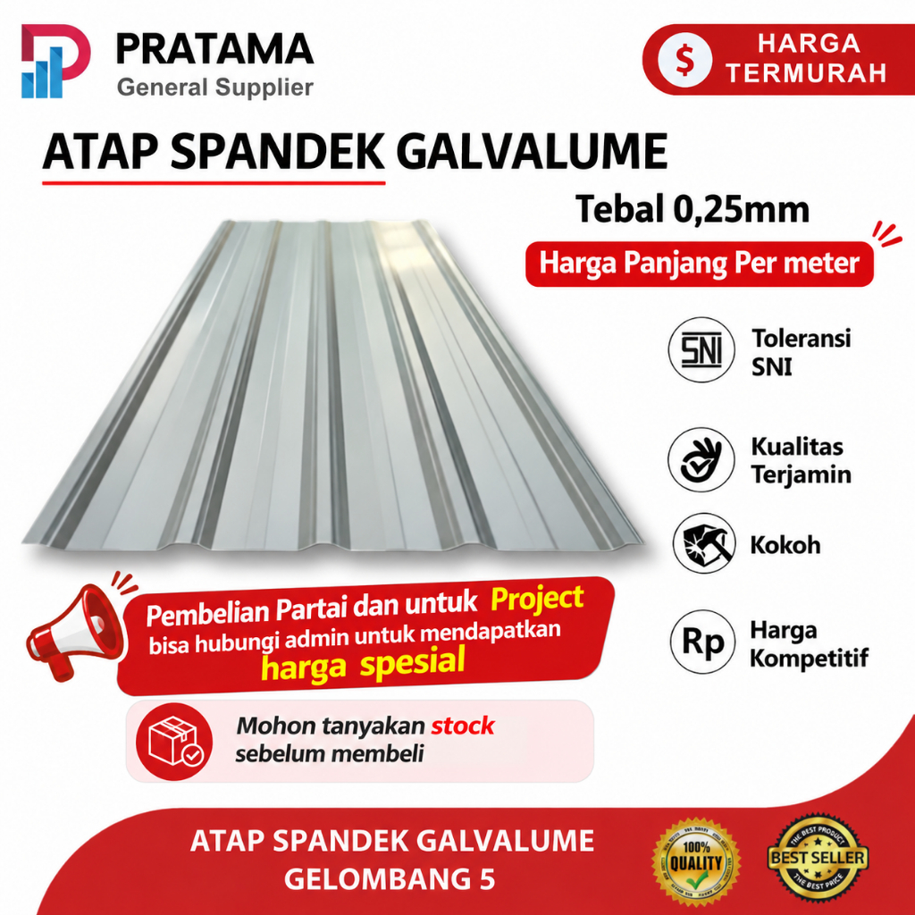 Atap Spandek Atap Galvalum 5 Gelombang 0.25 mm Harga panjang per meter