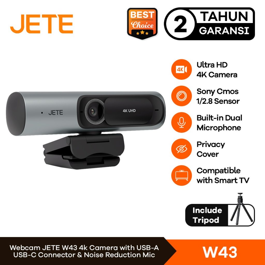 Webcam 4K UHD JETE W43 Kamera Laptop PC dengan Sony CMOS Sensor Dual Microphone Privacy Cover Includ