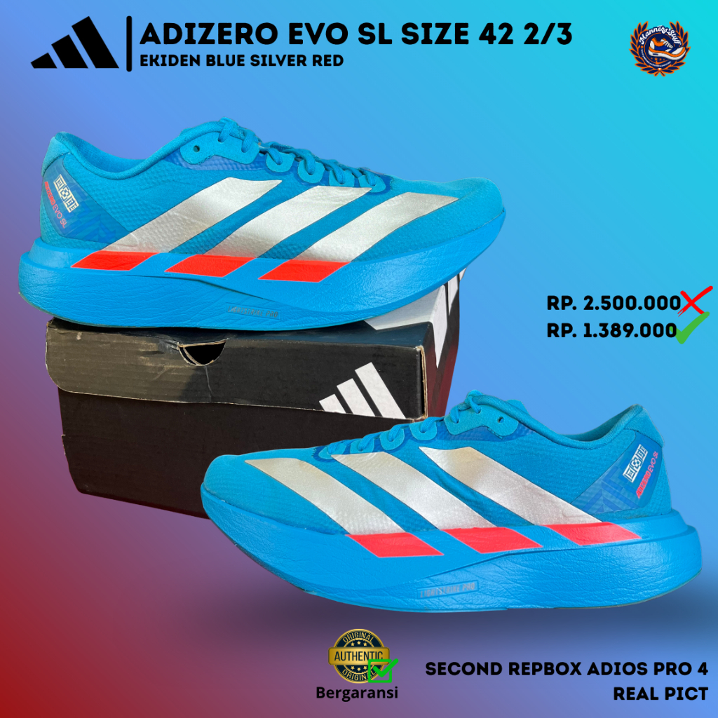 Adidas Adizero EVO SL Woven Ekiden Blue Silver Red Size 42 2/3 Second Original Sneakers Running