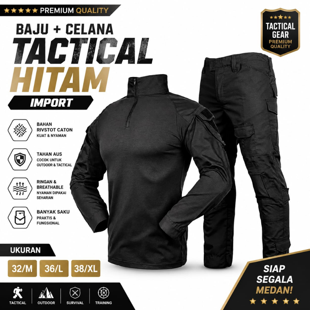 Set Baju Celana Tactical Hitam Import Rivstot Caton Breathable Banyak Saku 32/M 36/L 38/XL