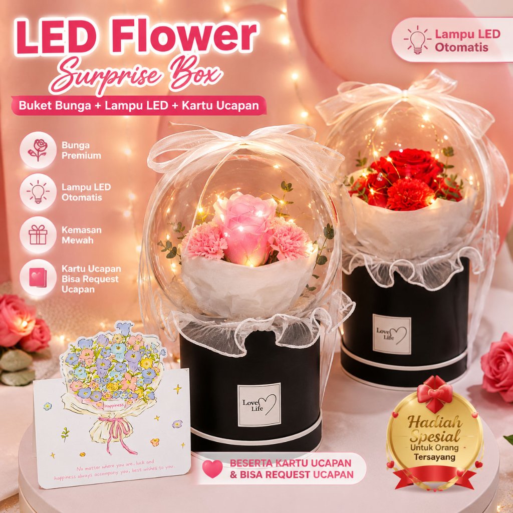 Buket Bunga Balon LED Transparan + Kartu Ucapan Kado Wisuda Bucket Bunga Ultah Ulang Tahun Valentine