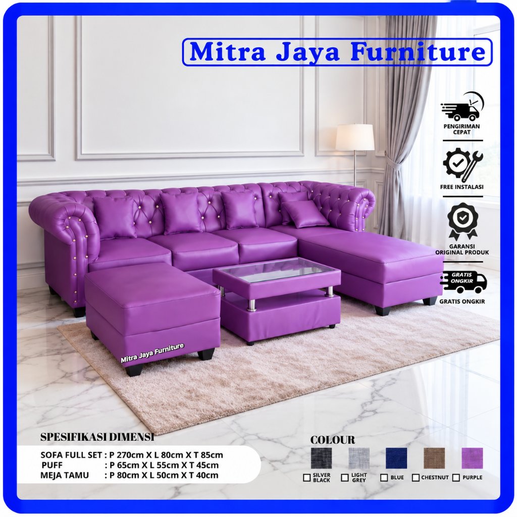 FREE ONGKIR SOFA FULL SET KANCING RUANG TAMU MINIMALIS MEWAH/ SOFA KALEP/ SOFA UNGU KULIT
