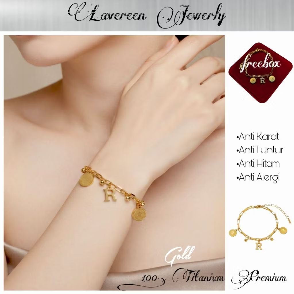 Gelang Tangan Koin Inisial Huruf "R" Elegan Lavereen Gold Wanita Titanium Premium - (Anti Karat Lunt