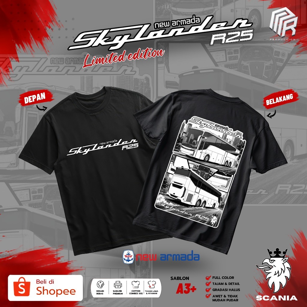 Kaos Skylander R25 Limited Edition New Armada | T-Shirt Pariwisata Premium | Kaos Desain Bus Keren