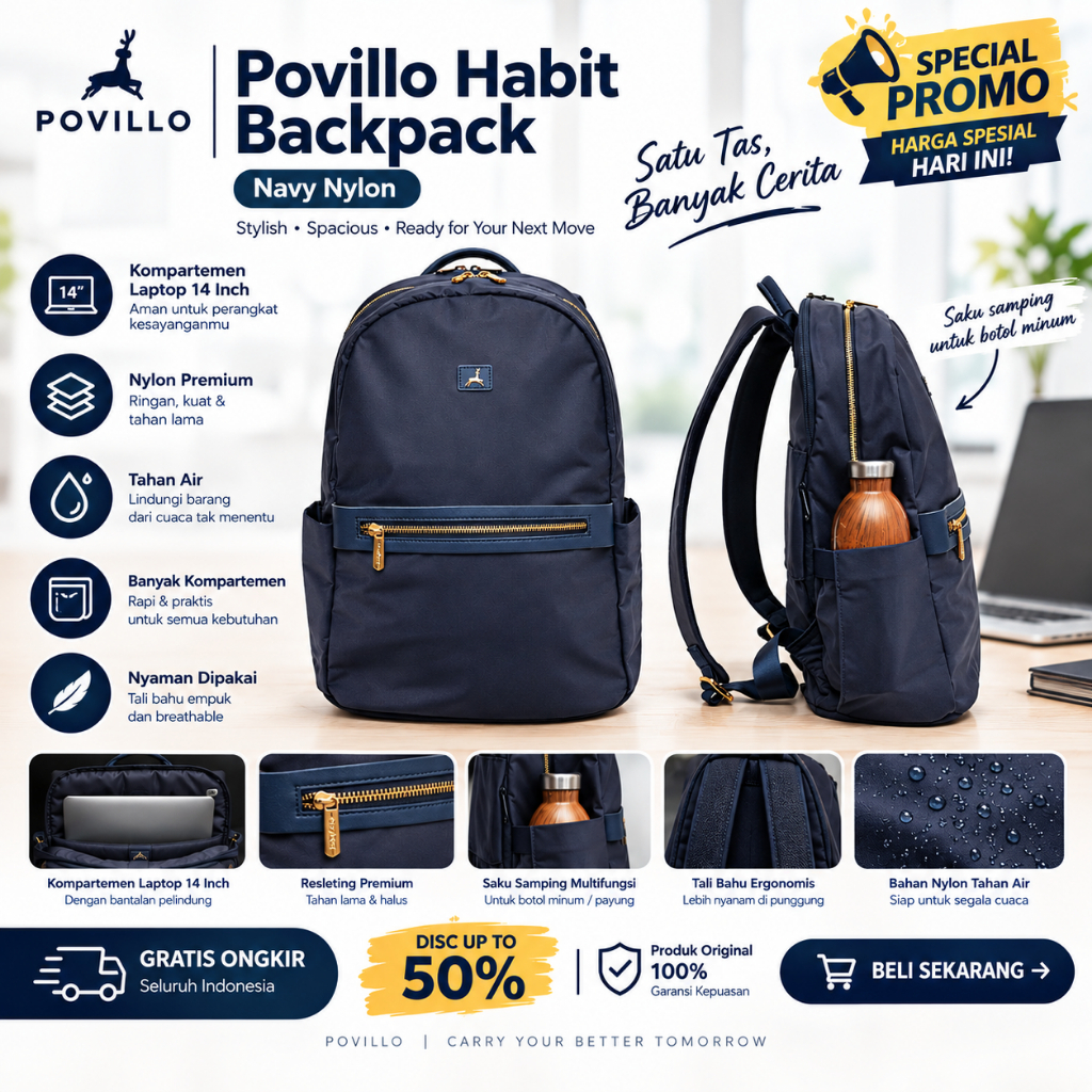 Promo Akhir Tahun Povillo Habit Backpack Navy Nylon Laptop 14 Inch